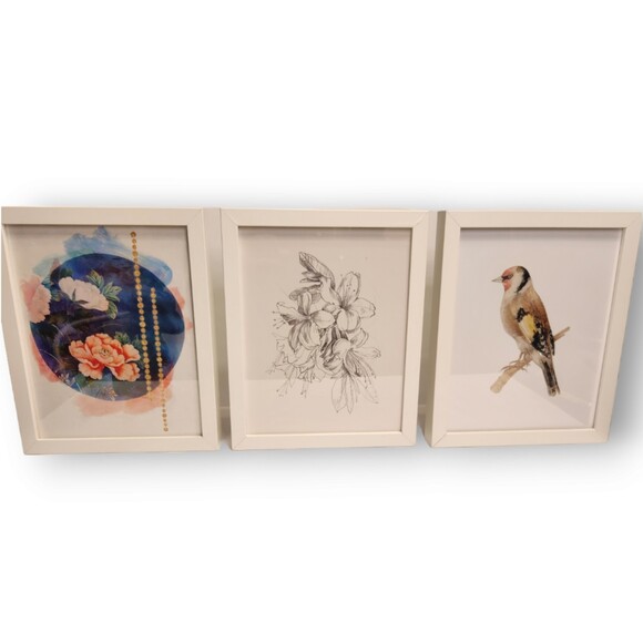 Lot of 3 White Framed Bird & Floral Prints – Goldfinch Theme – 9″×11″ Each - Picture 1 of 5
